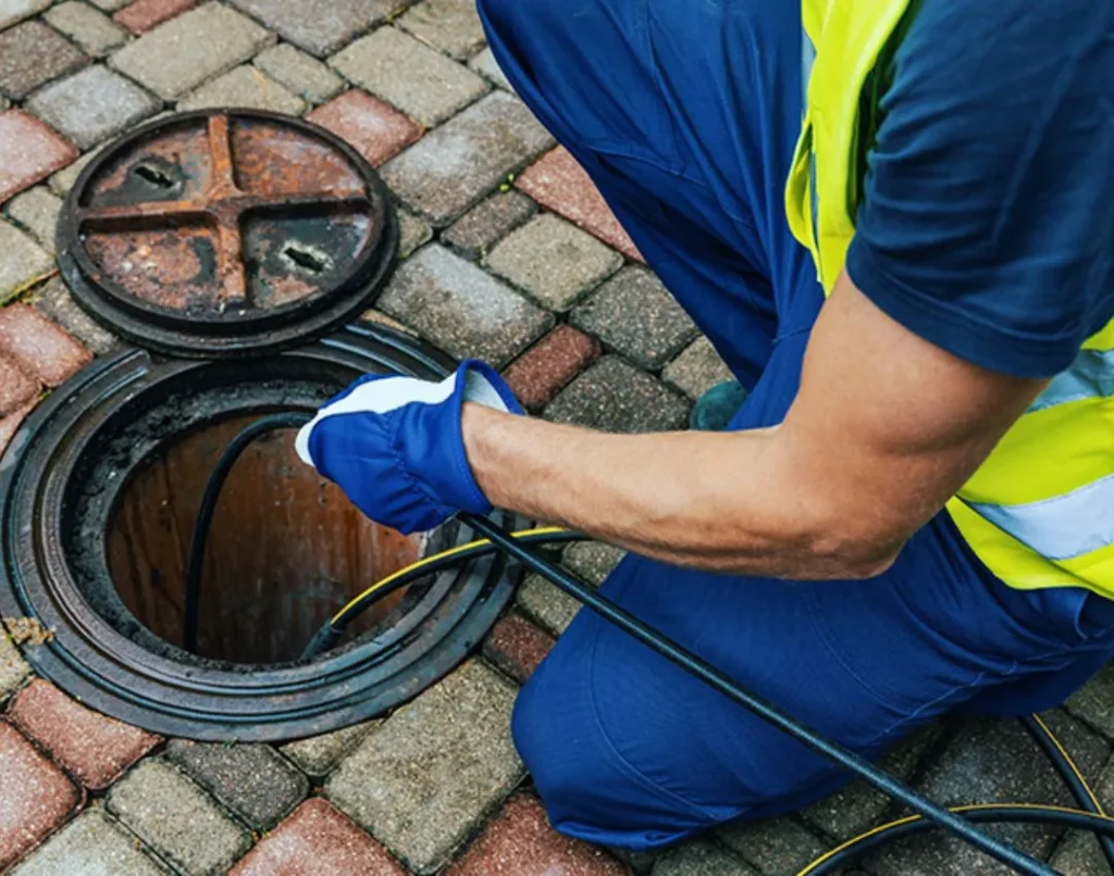 A professional plumber in a safety vest using a camera inspection snake to clear a clogged outdoor drain in Columbia, SC.