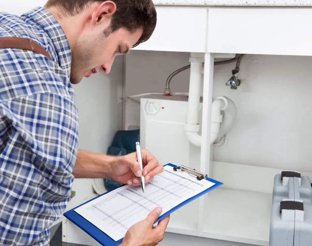Professional plumber conducting a detailed plumbing inspection under a kitchen sink in Columbia SC.