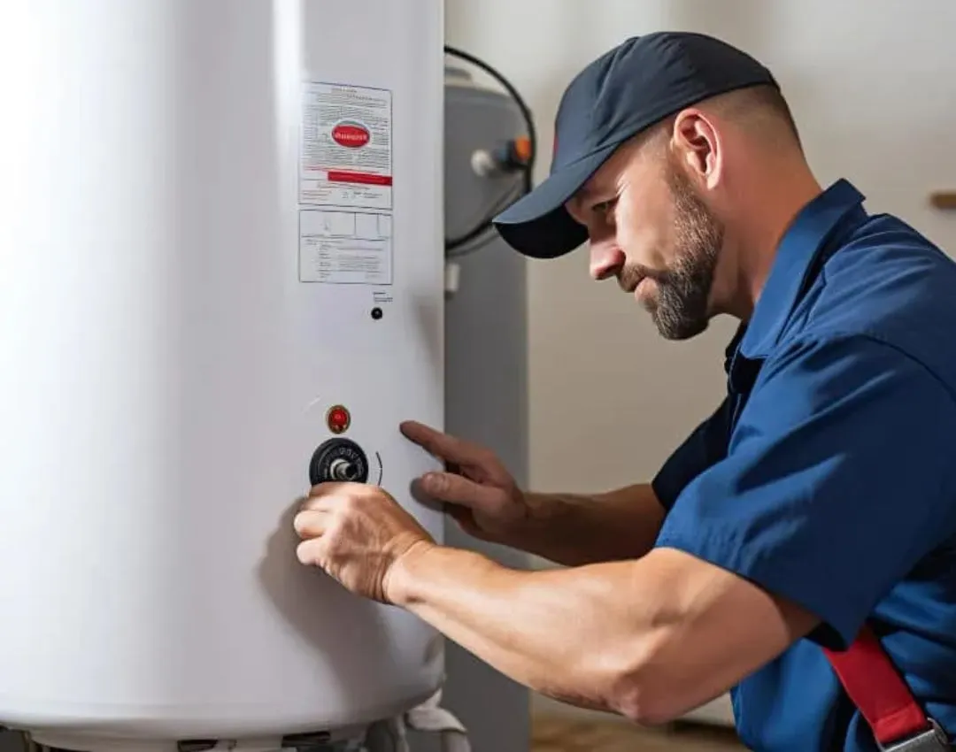 Professional plumber in Columbia, SC performing standard water heater maintenance and temperature adjustment on a white tank unit.