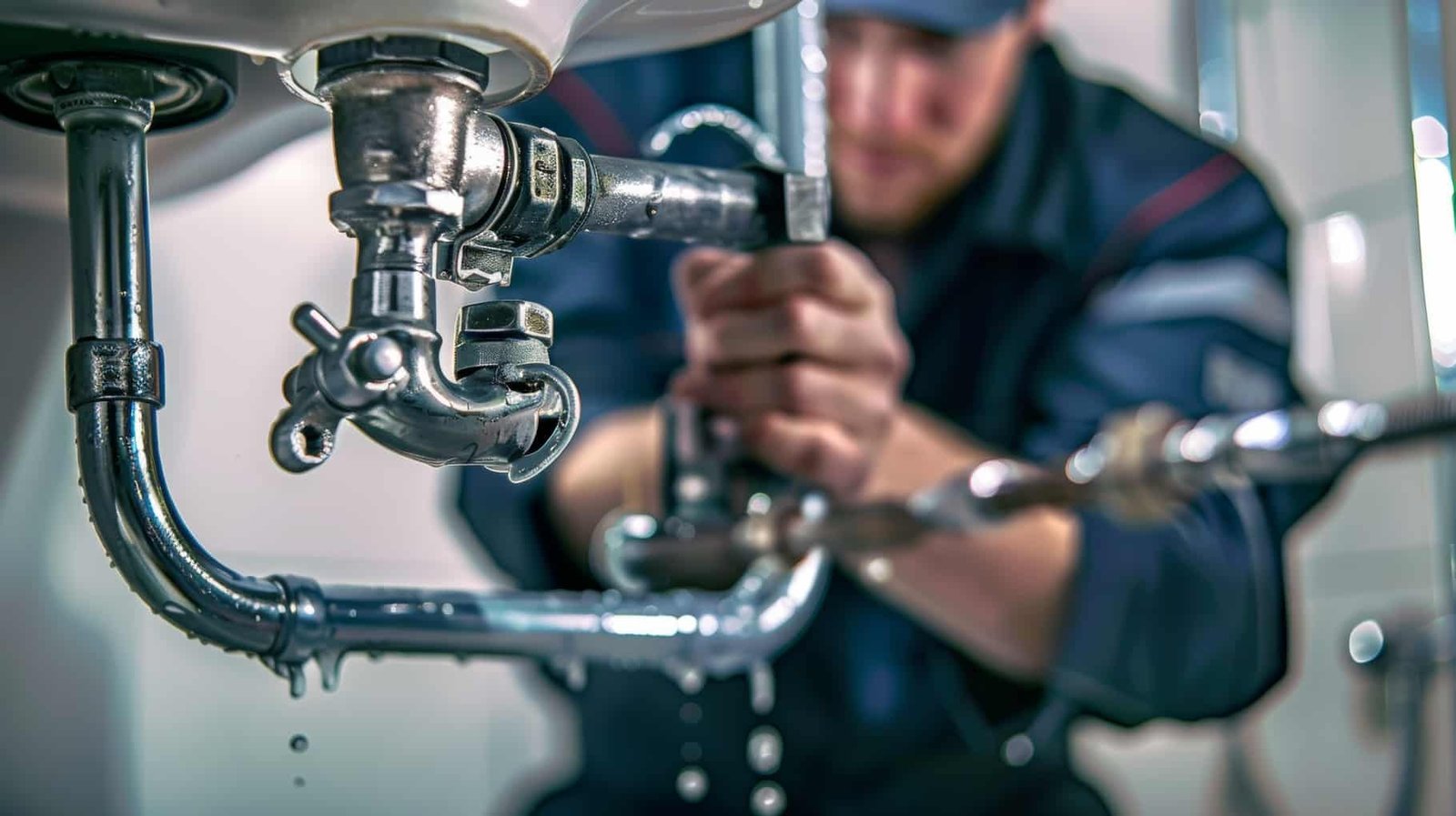 Plumber fixing sink pipe with wrench, showing leak repair, drain replacement, and pipe cleaning